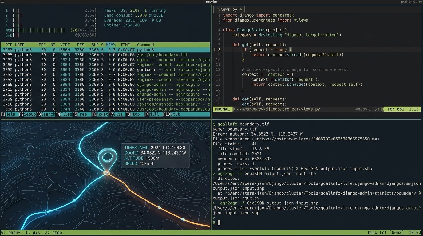 A terminal workspace: htop, a Django view in Neovim, a GPS track on a contour map and GDAL commands